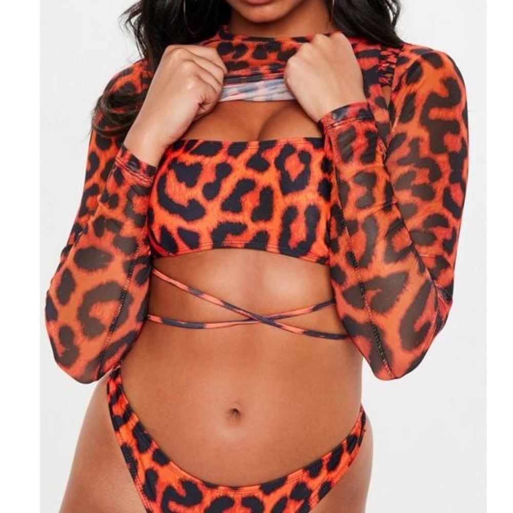 3 Piece Red and Black Animal Print High Waist Thong Swimsuit - Picture 2 of 8